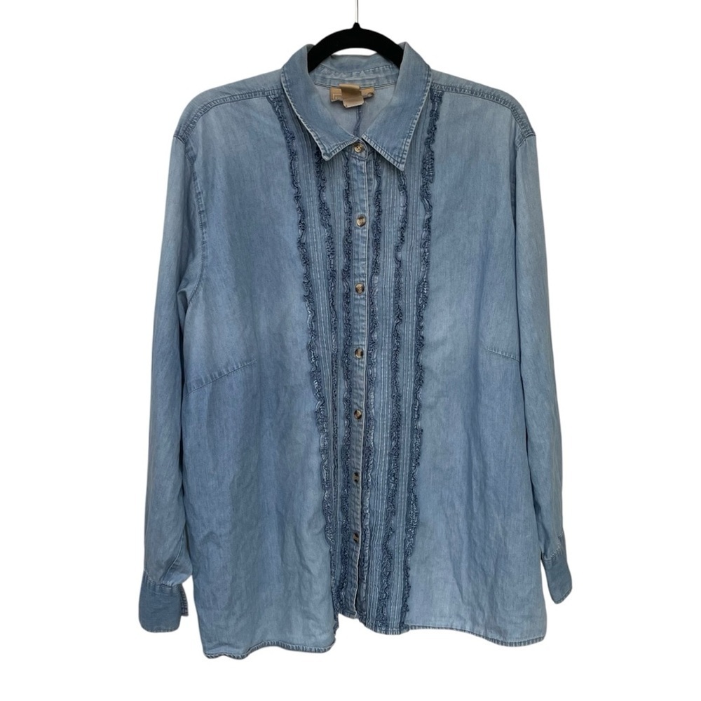 COTTON GINNY PLUS Chambray Blue Button Front Denim Shirt Blue M